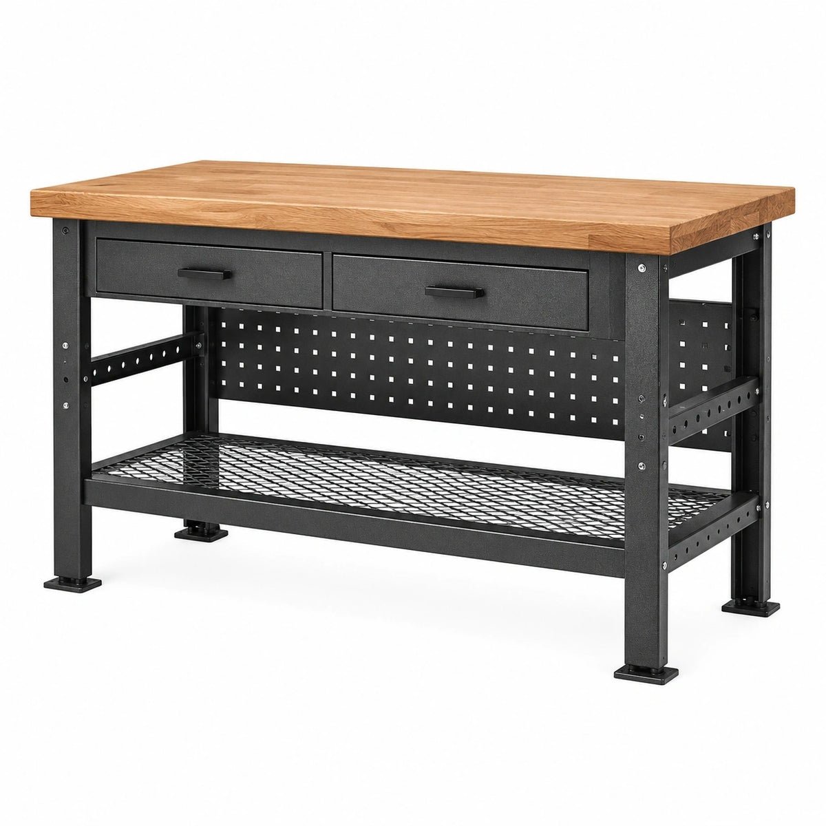 Werkbank aus Holz und Stahl, 120 × 60 × 90 cm, Natur/Schwarz, mit 2 Schubladen, Lochwand und Gitterablage