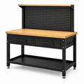 Werkbank aus Stahl und Bambus mit Lochwand, 2 Schubladen und Ablage, 120 × 60 × 150 cm, Schwarz/Natur