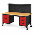 Mobile Werkbank aus Stahl und Holzwerkstoff, 160 × 60 × 150 cm, Schwarz/Rot/Natur, mit Lochwand, Ablage, 6 Schubladen und Rollen