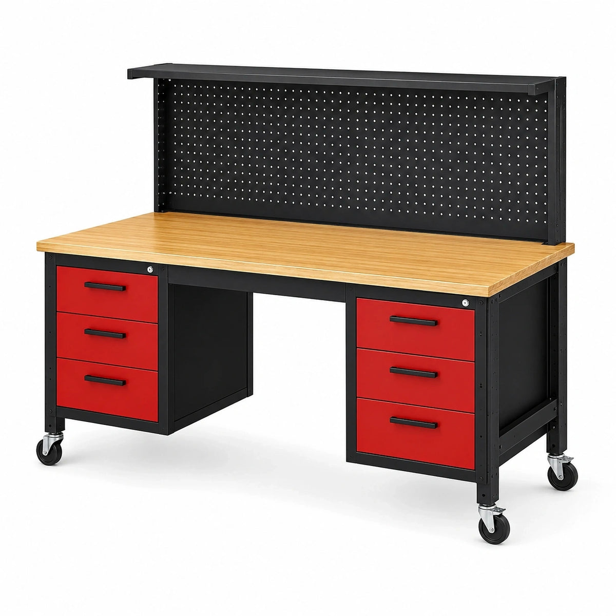 Mobile Werkbank aus Stahl und Holzwerkstoff, 160 × 60 × 150 cm, Schwarz/Rot/Natur, mit Lochwand, Ablage, 6 Schubladen und Rollen