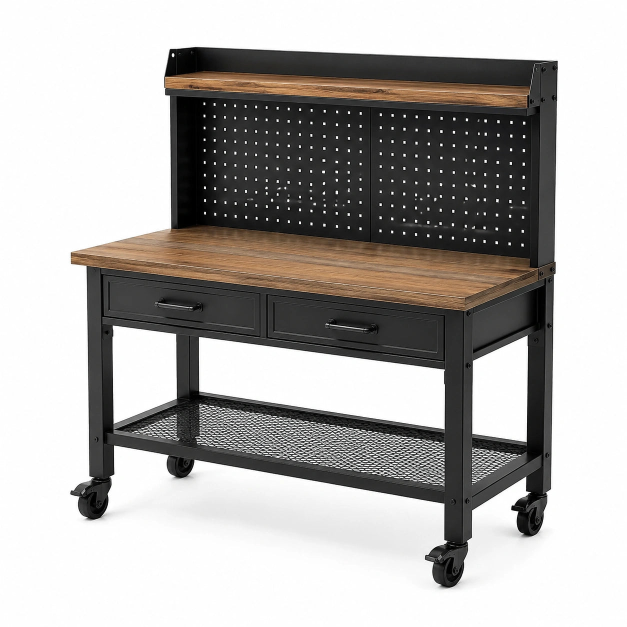 Mobile Werkbank aus Stahl und Holzwerkstoff mit Lochwand, 2 Schubladen und Rollen, Schwarz/Braun, 120 × 60 × 150 cm