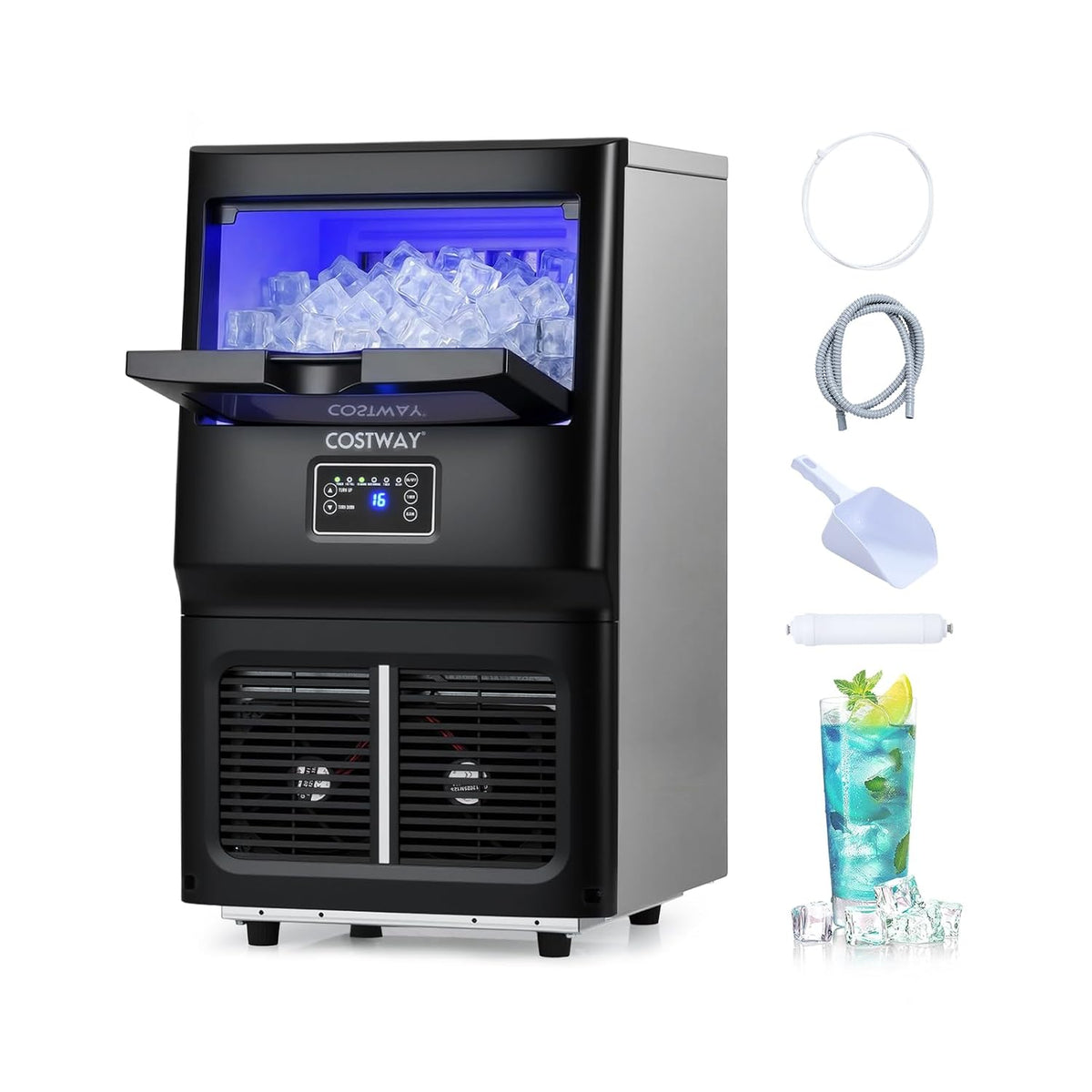 COSTWAY Eismaschine, 30 kg, Schwarz/Silber, kommerzielle Eiswürfelmaschine 25- /24 h, gewerblicher aus Edelstahl mit Selbstreinigung