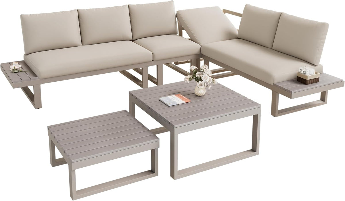 Sofa DRIXNO, Beige, Gartenmöbel Set, Balkonmöbel Set mit Verstellbarer Neigungsfunktion, Gartenlounge-Set mit Zwei Couchtischen