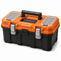 Werkzeugkoffer 52 × 29 × 27 cm, Orange/Schwarz, mit transparenten Kleinteilefächern und Metallverschlüssen