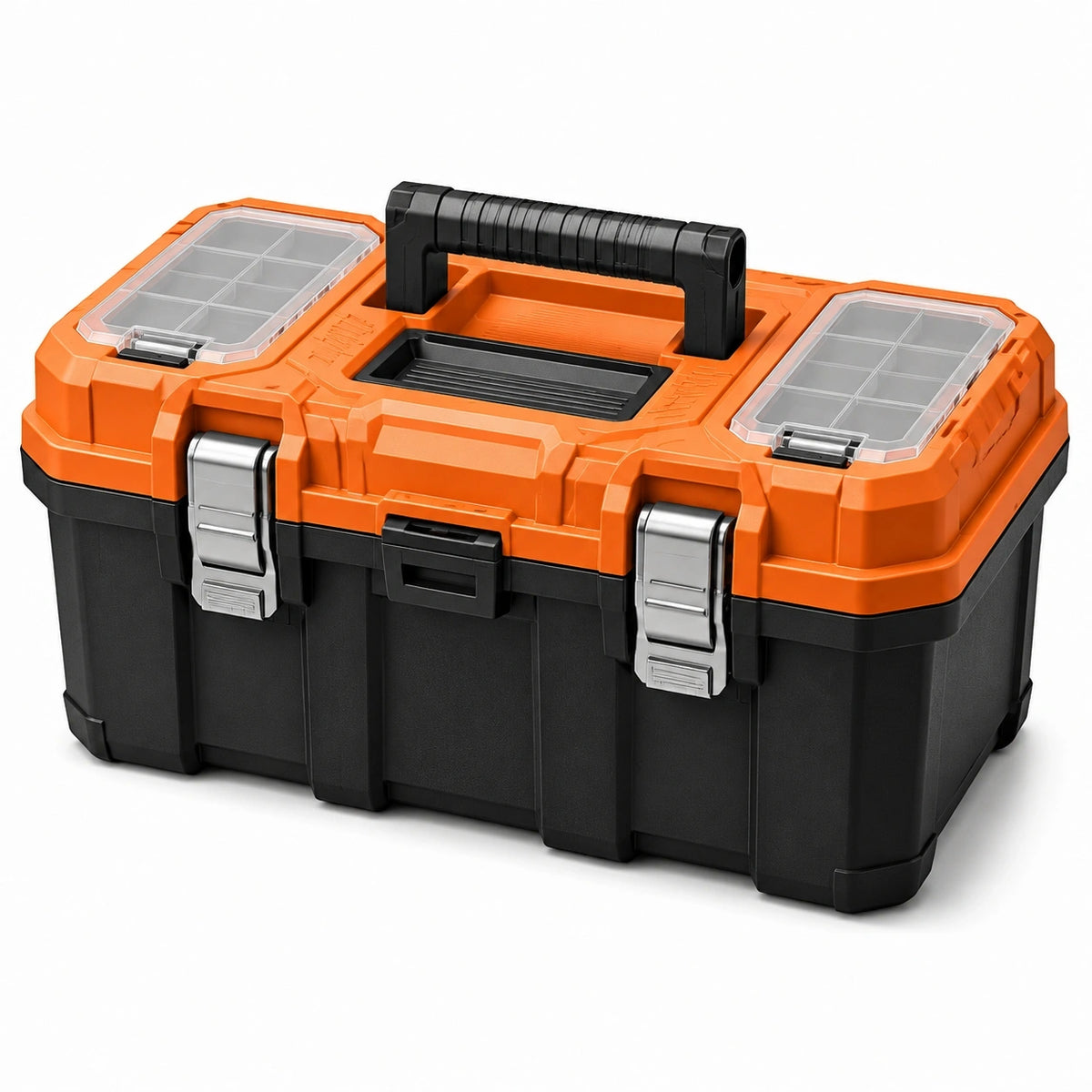 Werkzeugkoffer 52 × 29 × 27 cm, Orange/Schwarz, mit transparenten Kleinteilefächern und Metallverschlüssen