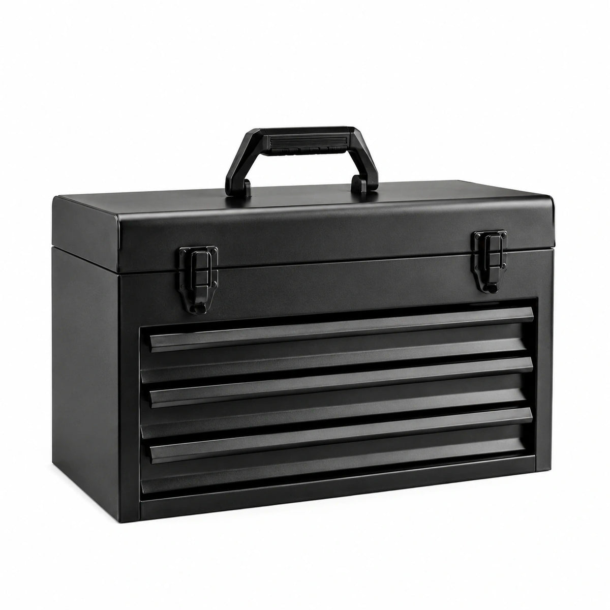 Stahl-Werkzeugkasten mit 3 Schubladen, Deckelfach und Tragegriff, 51 × 22 × 34 cm, Schwarz