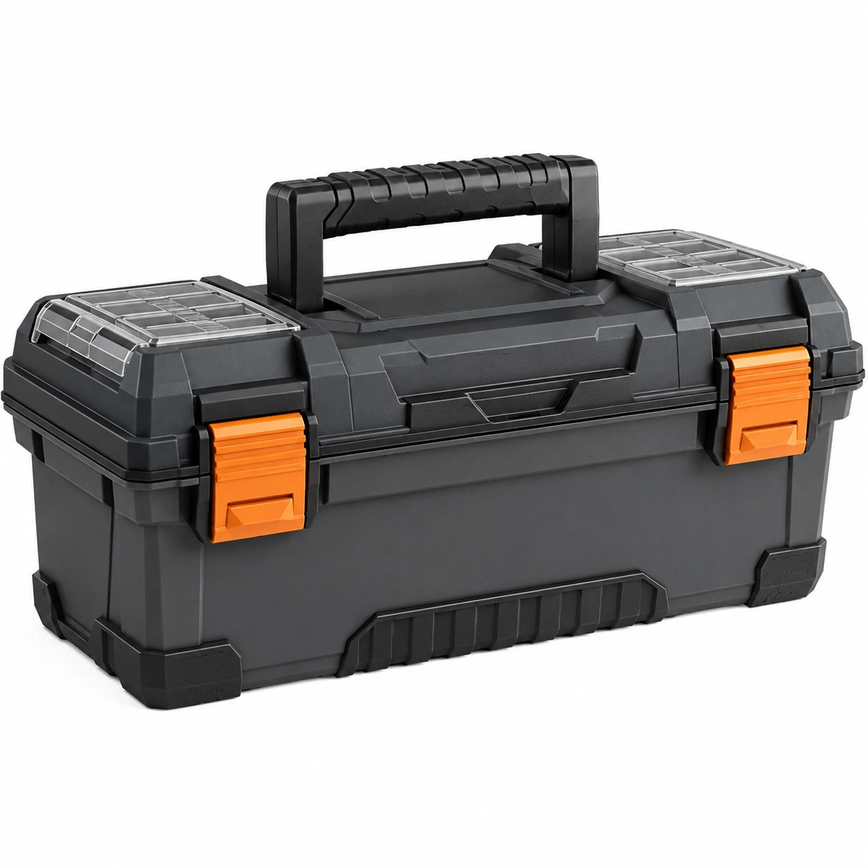 Robuster Werkzeugkoffer aus Kunststoff, 50 × 26 × 25 cm, Schwarz/Orange/Transparent, mit Kleinteilefächern und Tragegriff