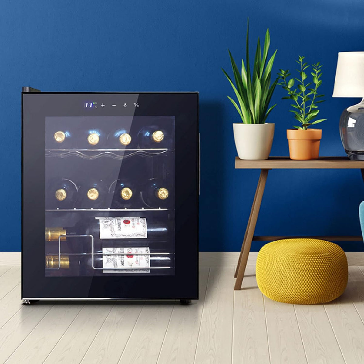Weinkühlschrank, 48 L, Schwarz, mit Glastür, Weinkühler, Weintemperierschrank, Wine Fridge Freistehend, Wine Fridge mit Temperaturregler: 5-18°C