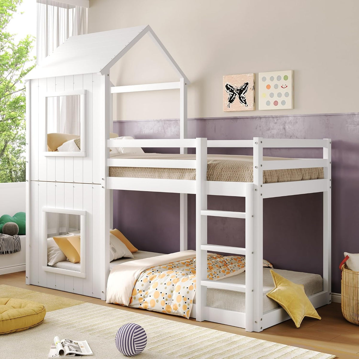 Jovify Bett, Weiß, Kinder 90x200 Etagen für 2 Kinder, Haus Hoch mit Leiter und Baldachin, Baumhaus Stock Kinderhoch Jugendhoch mit Rausfallschutz