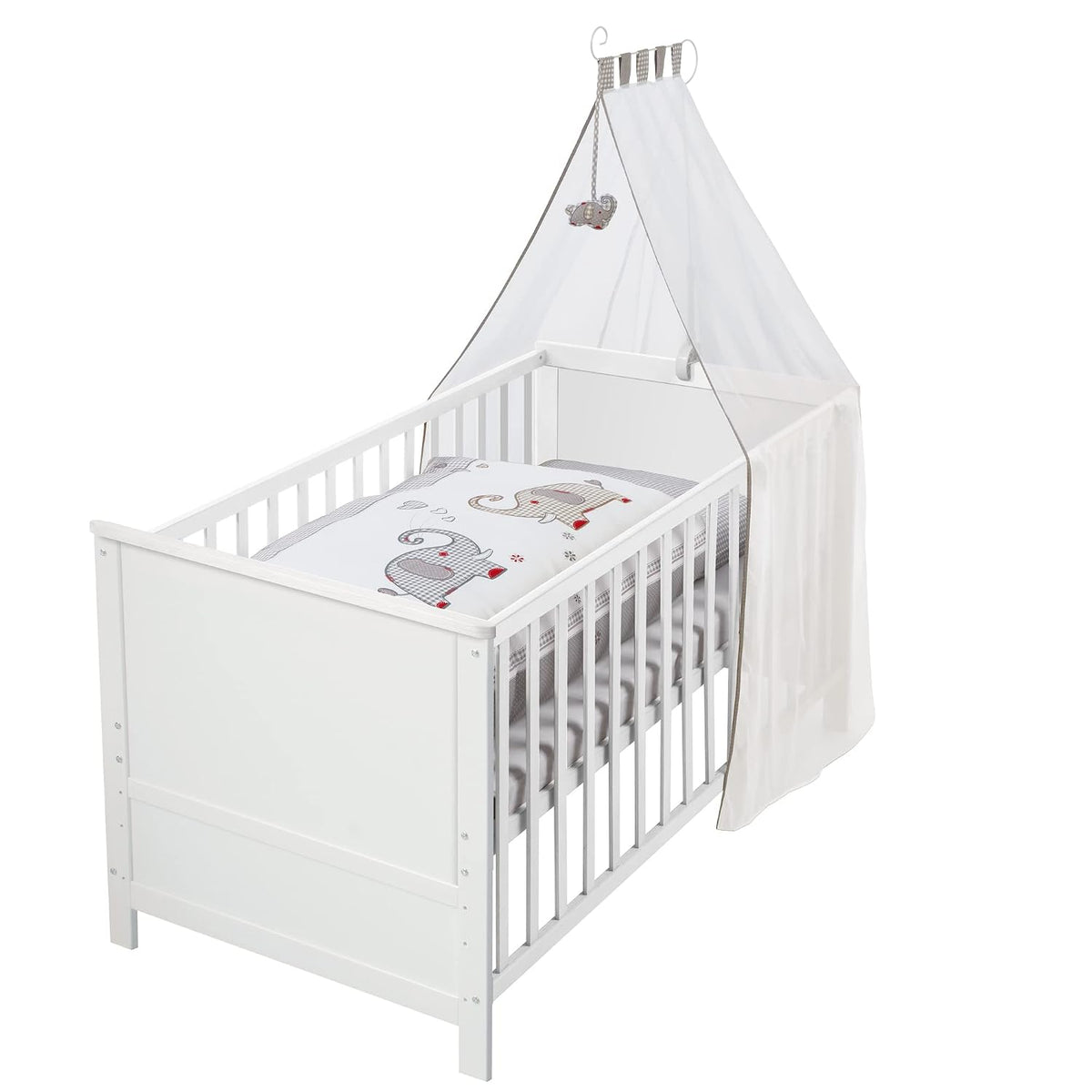 roba Bett, 70 x 140 cm, Weiß, Baby Set Jumbotwins - - Kinder mitwachsend / umbaubar -, Himmel, Matratze - Höhenverstellbar - Holz