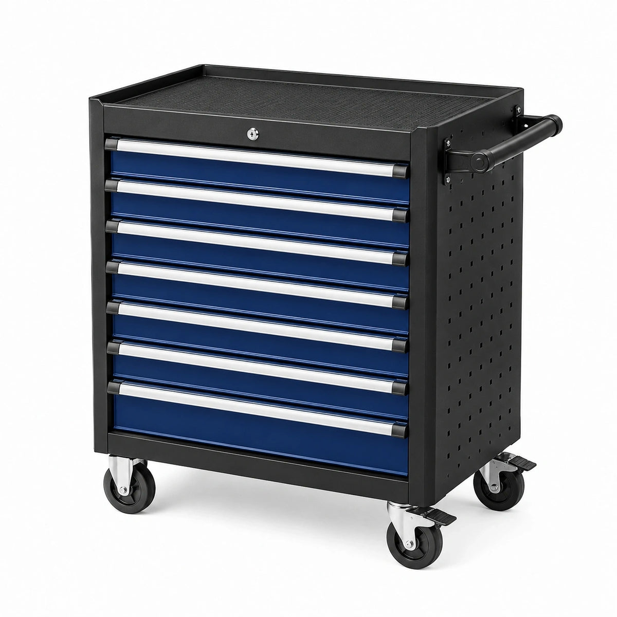Abschließbarer Werkzeugwagen mit 7 Schubladen und Rollen, 70 × 33 × 77 cm, Schwarz/Dunkelblau/Silber