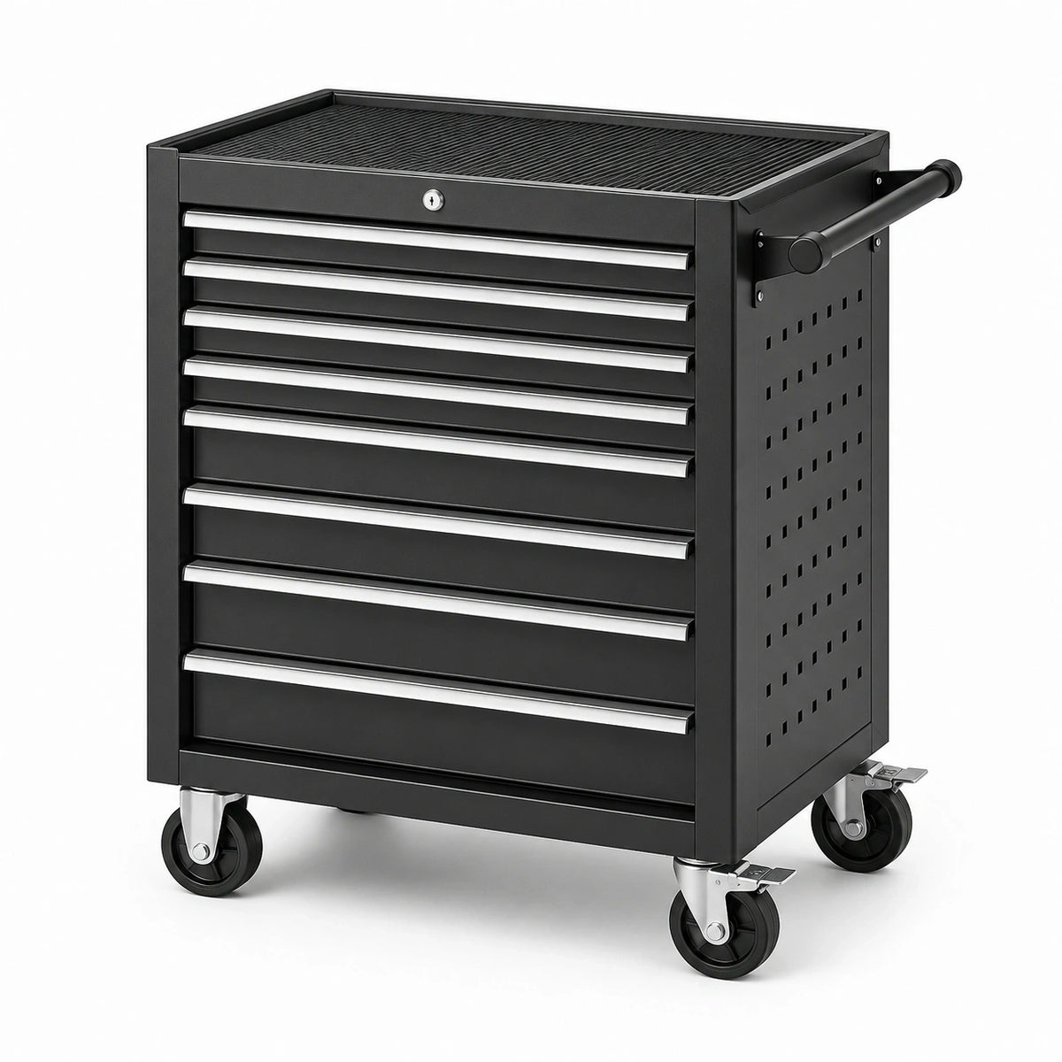 Abschließbarer Stahl-Werkstattwagen mit 8 Schubladen und 4 Lenkrollen, Schwarz/Silber, 77 × 46 × 97 cm