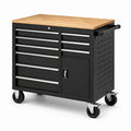 Abschließbarer mobiler Werkstattwagen aus Stahl mit Holzarbeitsplatte, 9 Schubladen und Schrankfach, Schwarz/Natur, 107 × 46 × 95 cm