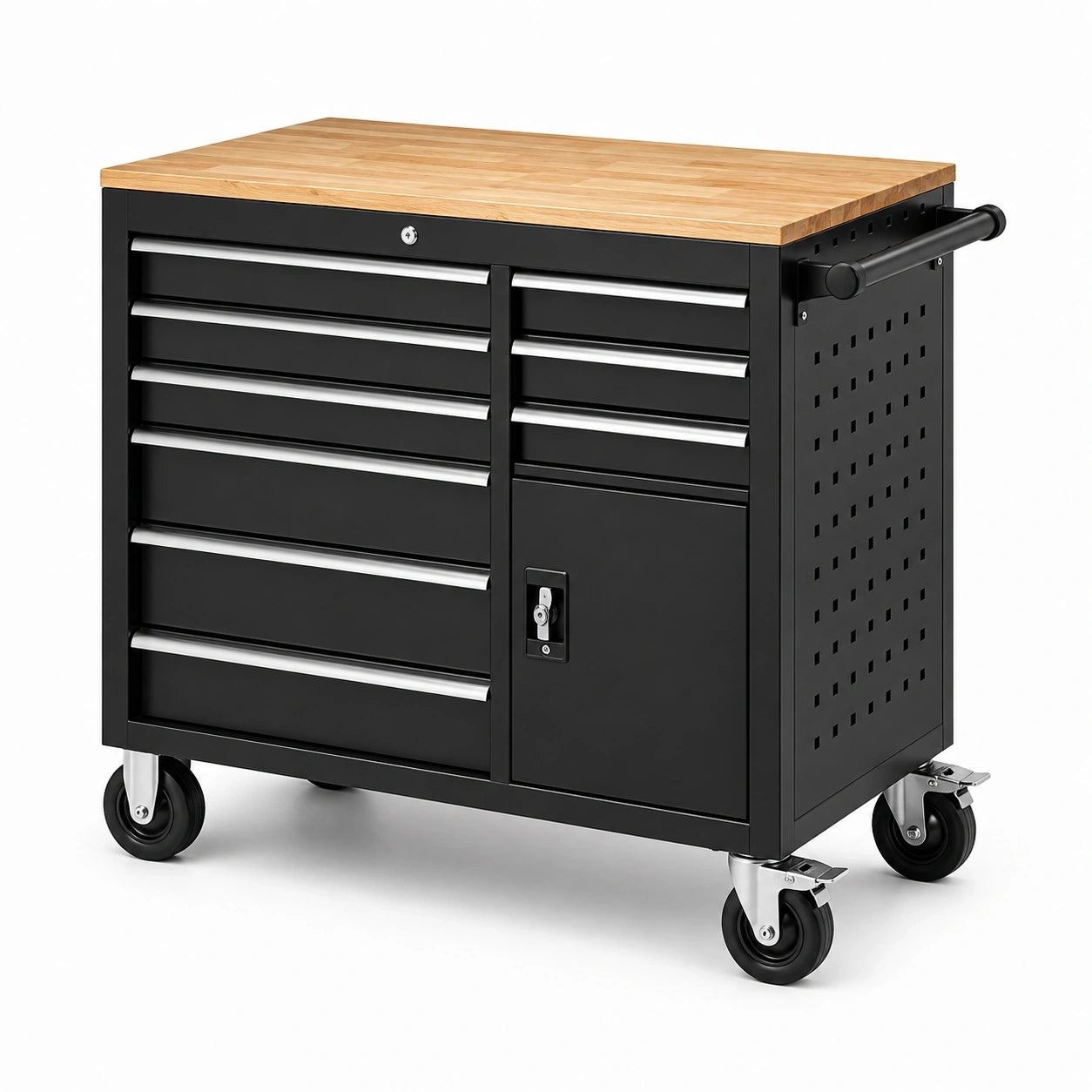 Abschließbarer mobiler Werkstattwagen aus Stahl mit Holzarbeitsplatte, 9 Schubladen und Schrankfach, Schwarz/Natur, 107 × 46 × 95 cm