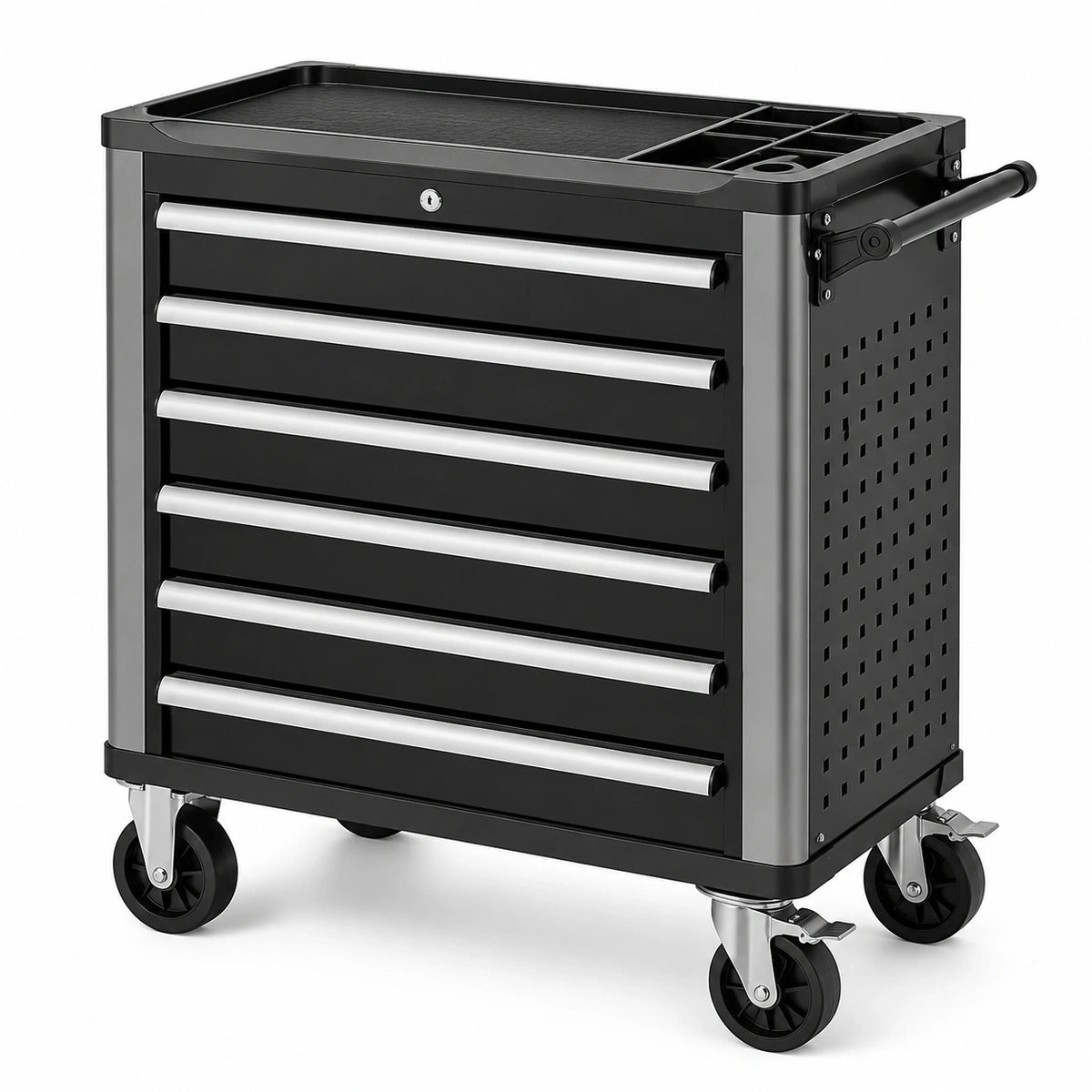 Mobiler Werkstattwagen aus Stahl mit 6 abschließbaren Schubladen, 77 × 47 × 98 cm, Schwarz/Silber