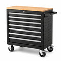 Werkzeugwagen aus Stahl mit 7 Schubladen, Holzarbeitsplatte und Rollen, 77 × 46 × 91 cm, Schwarz/Silber/Naturfarben