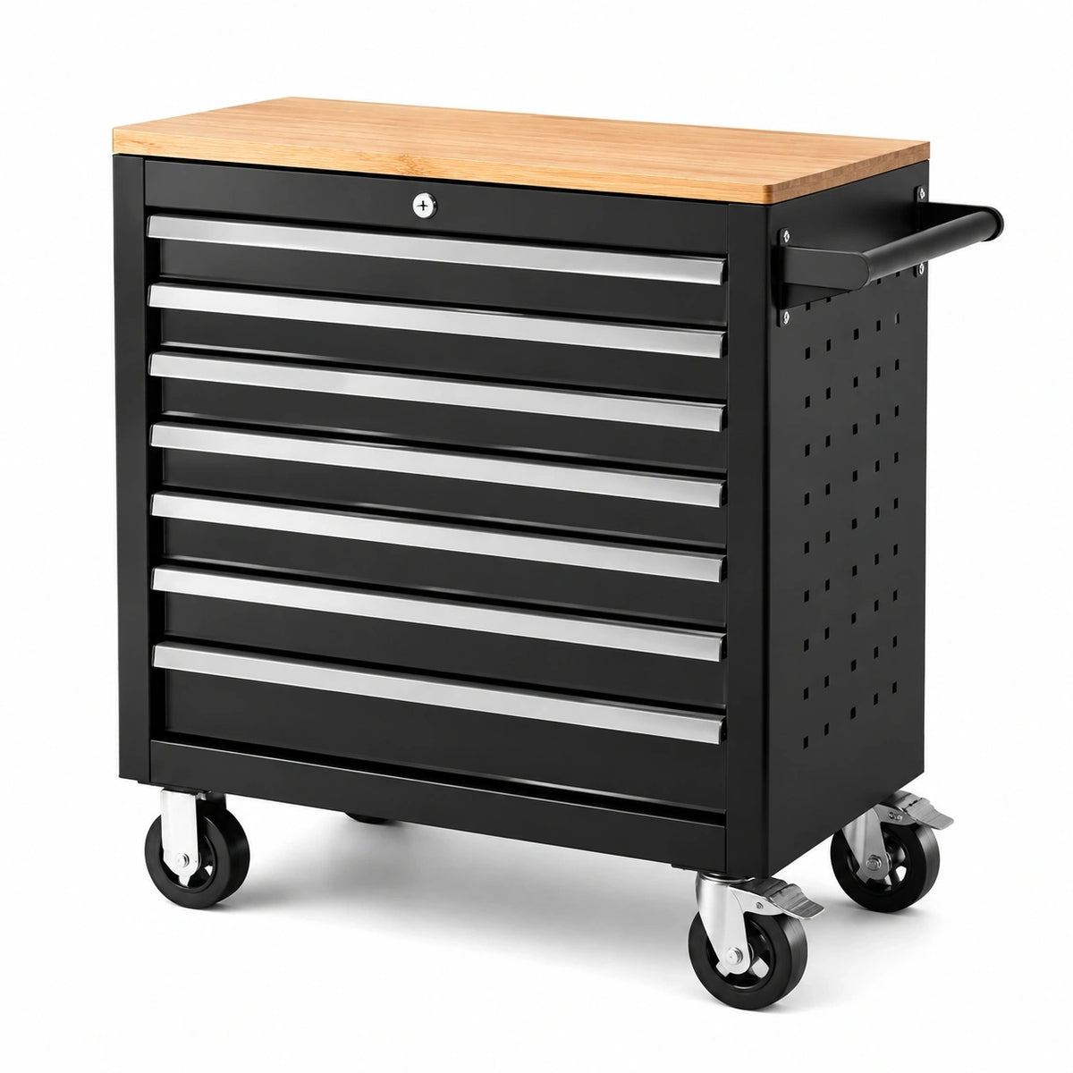Werkzeugwagen aus Stahl mit 7 Schubladen, Holzarbeitsplatte und Rollen, 77 × 46 × 91 cm, Schwarz/Silber/Naturfarben