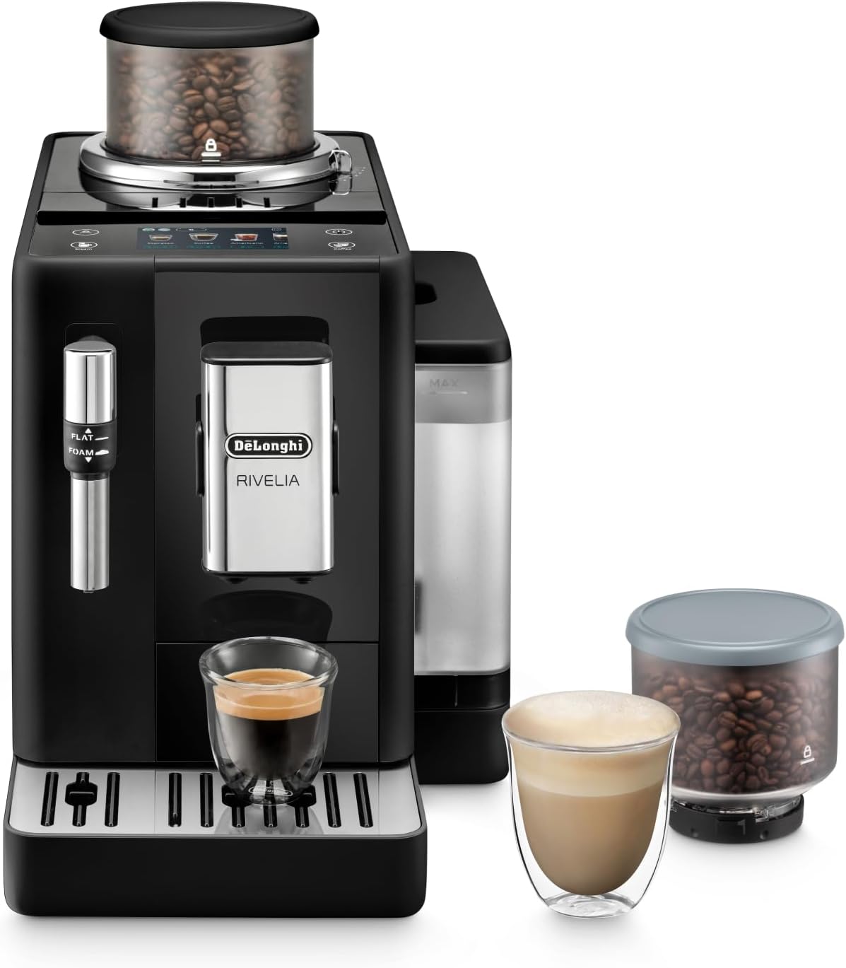 De'Longhi Kaffeevollautomat, Schwarz, Rivelia EXAM440.35.B mit Milchaufschäumdüse, Wechselbarer Bohnenbehälter