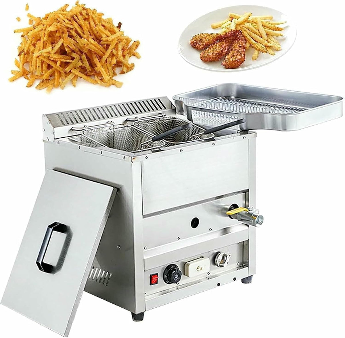 Kommerzielle Heißluftfritteuse, Weiß, Fritteuse mit Temperaturkontrolle, Propangas-Arbeitsplatte, Edelstahlkorb für professionelles Kochen