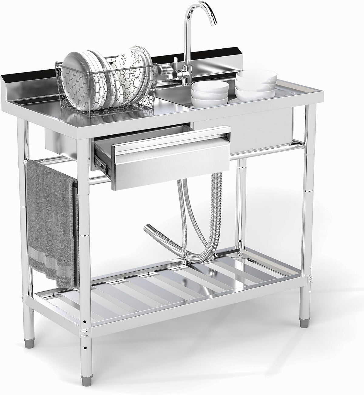 Trintion 1Becken, 99 cm, Silber, freistehend Edelstahl Spültisch, 1 Becken mit Linke Schublade, Wasserhahn, für Waschküche