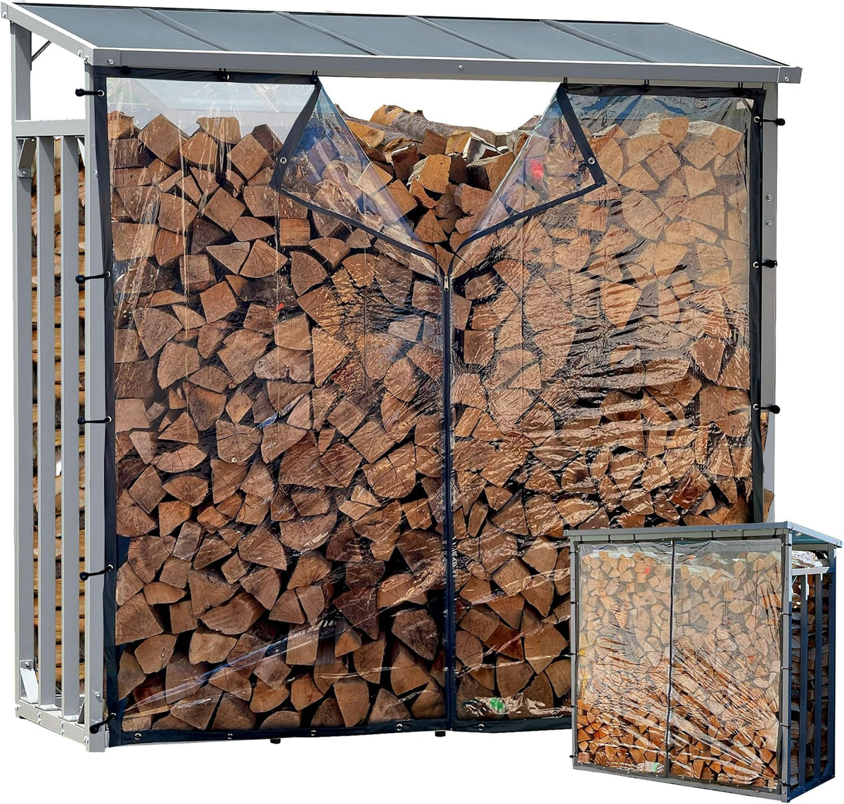 QUICK STAR Holzlager, 185 x 70 x 185 cm, 40 mm, 2,3 m, Transparent/Grau, Aluminium Kaminholzregal Außen Mit Wetterschutz Transparent