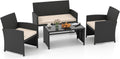 Sofa SOARS, Schwarz/Beige, Gartenmöbel Set aus Polyrattan, Balkonmöbel mit 2 Sesseln, Zweisitzer, Glas-Couchtisch & 4 Sitzkissen