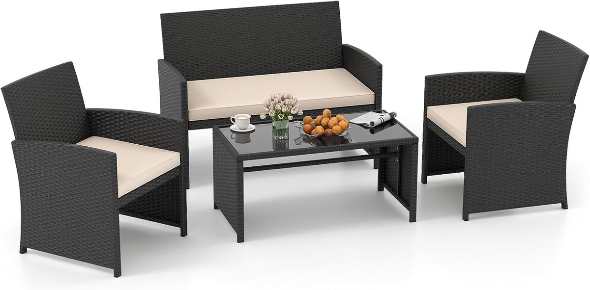 Sofa SOARS, Schwarz/Beige, Gartenmöbel Set aus Polyrattan, Balkonmöbel mit 2 Sesseln, Zweisitzer, Glas-Couchtisch & 4 Sitzkissen