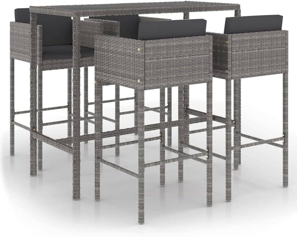 vidaXL Barsets, PE-Rattan, Stahl, Hartglas, Grau, Gartenbar Set 5-TLG. mit Kissen Theke Bar Tresen