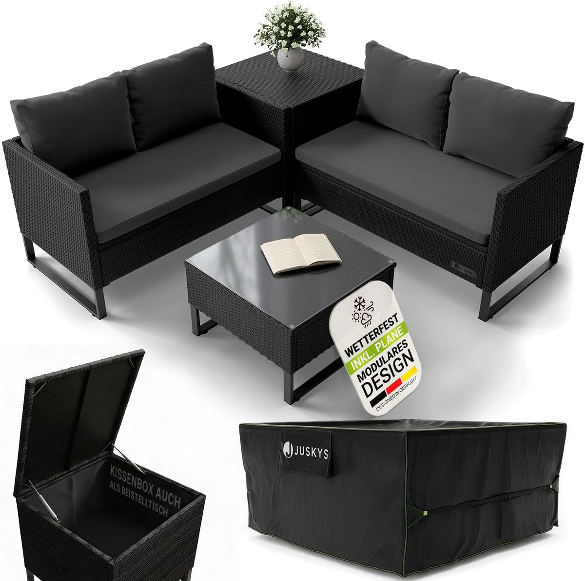 Juskys Beistelltisch, Schwarz, Outdoor Polyrattan Lounge Santorini inkl. Abdeckung