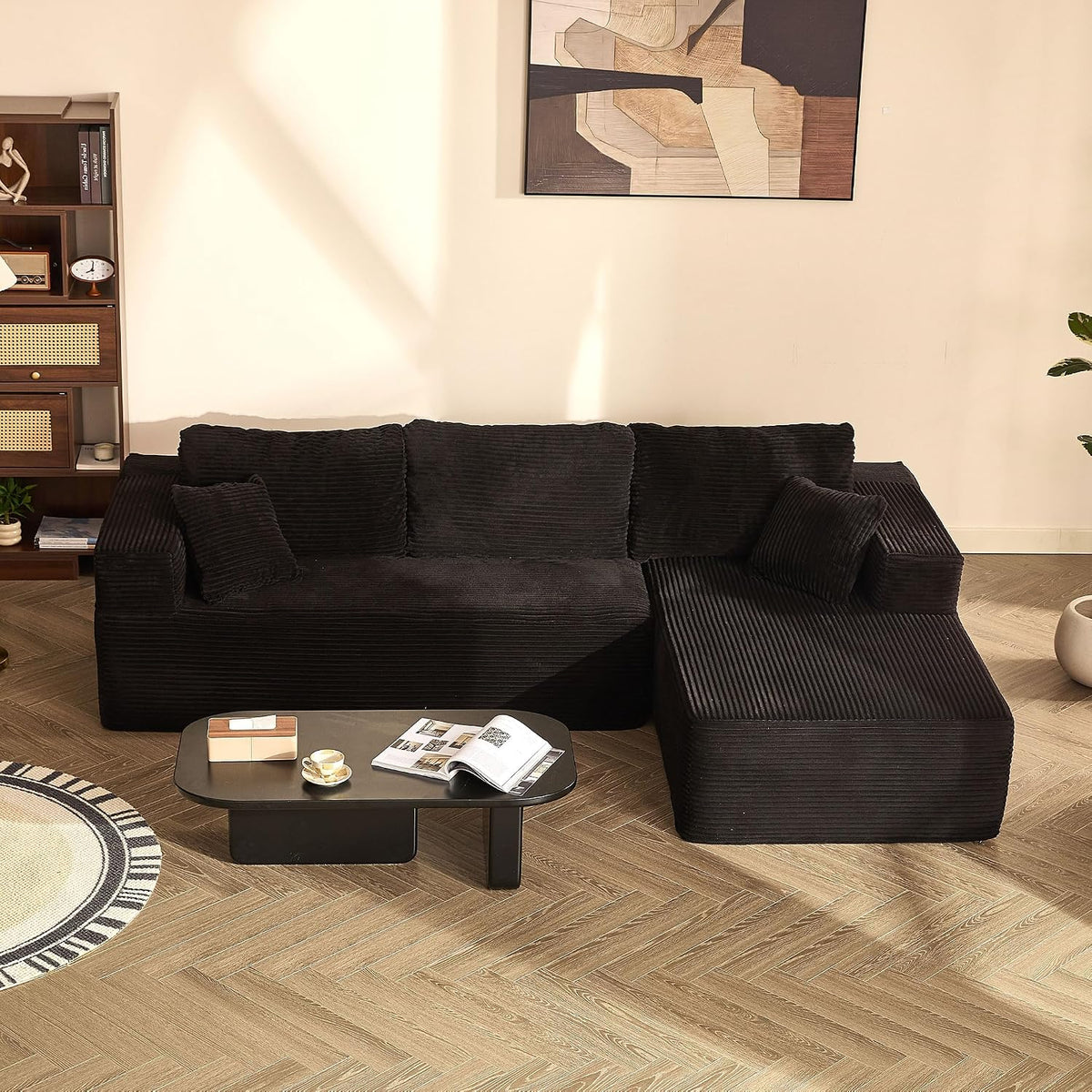Sofa Litbird, Schwarz, Modulares Eck mit L-Form und Schlaffunktion, vollgepolstertes mit Memory-Schaum und Cordstoff