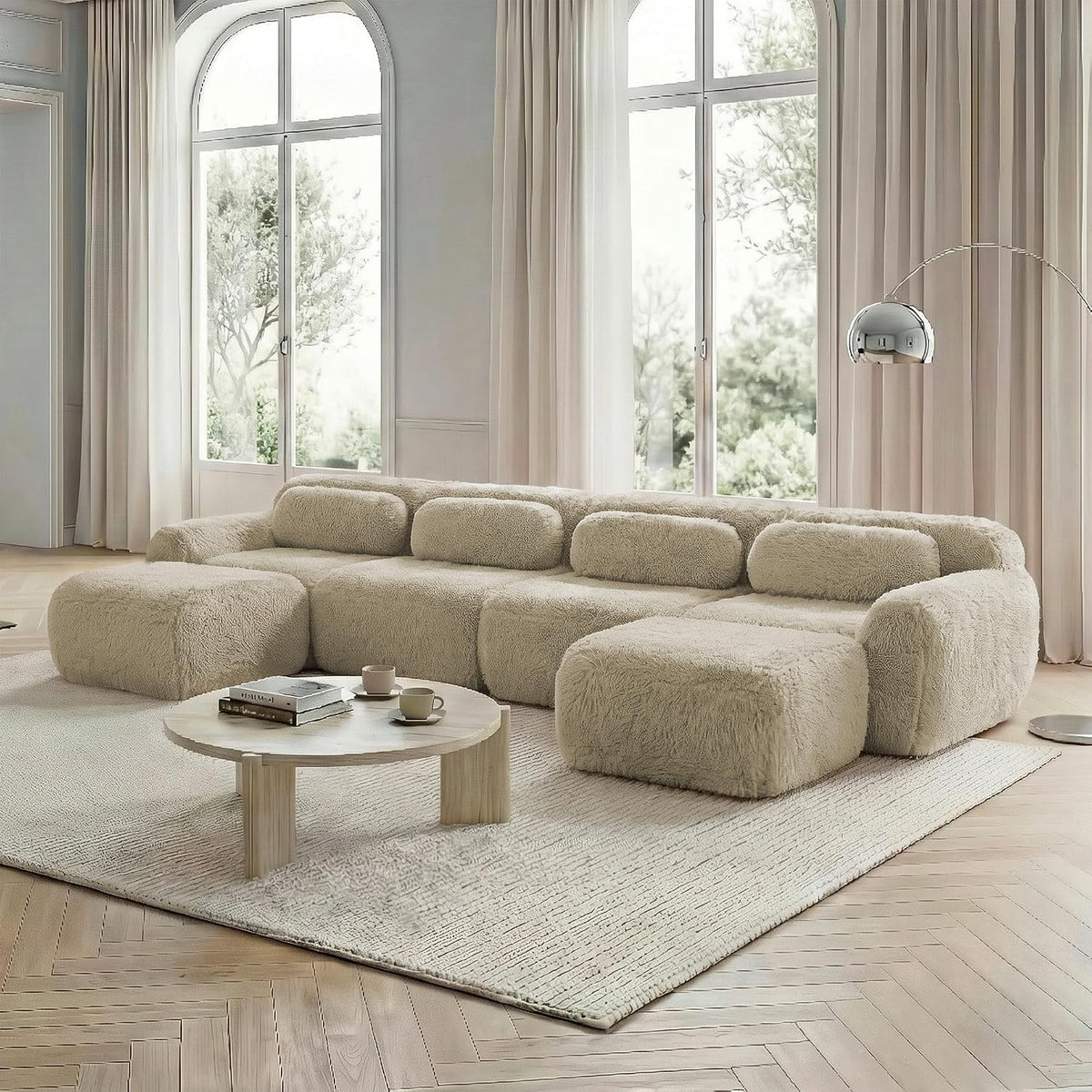 XPSSJMU Sofa, Hellkhaki, U-förmiges modulares, keine Montage, frei kombinierbar, Plüschstoff, rutschfester Boden
