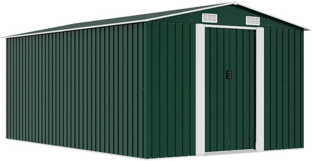 Mokuyary Gerätehaus, 257x392x181 cm, Verzinkter Stahl, Grün, Metall Gartenhaus, Geräteschuppen Schuppen für den Außenbereich Garten