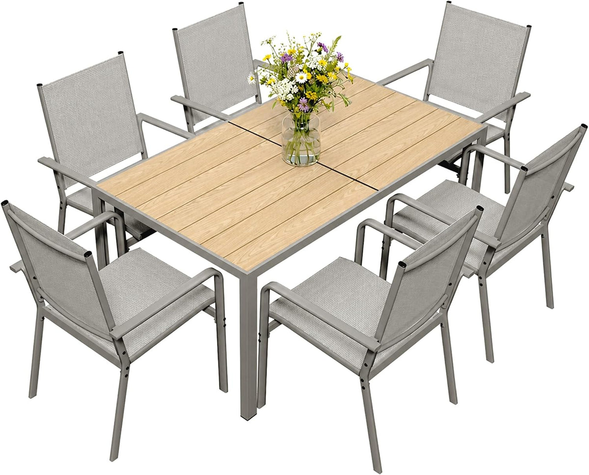 Xbro Gartenmöbel-Set, Grau/Holz, Gartenmöbel Set 6 Personen, 7-teiliges Gartenmöbel Set 6 Stühle mit Tisch, Gartentisch mit Stühlen Set