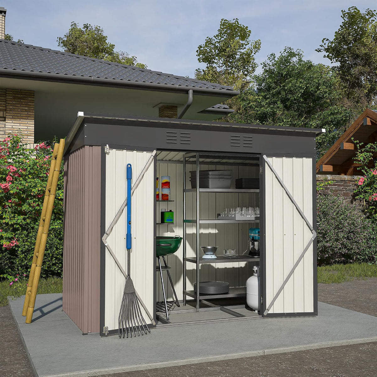 Gerätehaus dowowdo, 229,4x111x182 cm, Braun, Gartenhaus, Metall Geräteschuppen inkl. Metallfundament, Für Garten & Terrasse