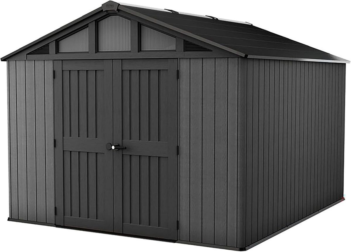 Keter Gerätehaus, 350x305x251 cm, Grau, Stronghold Gartenhaus 10x11, Kunststoff mit Holzoptik, stahlverstärkt, wetterfest