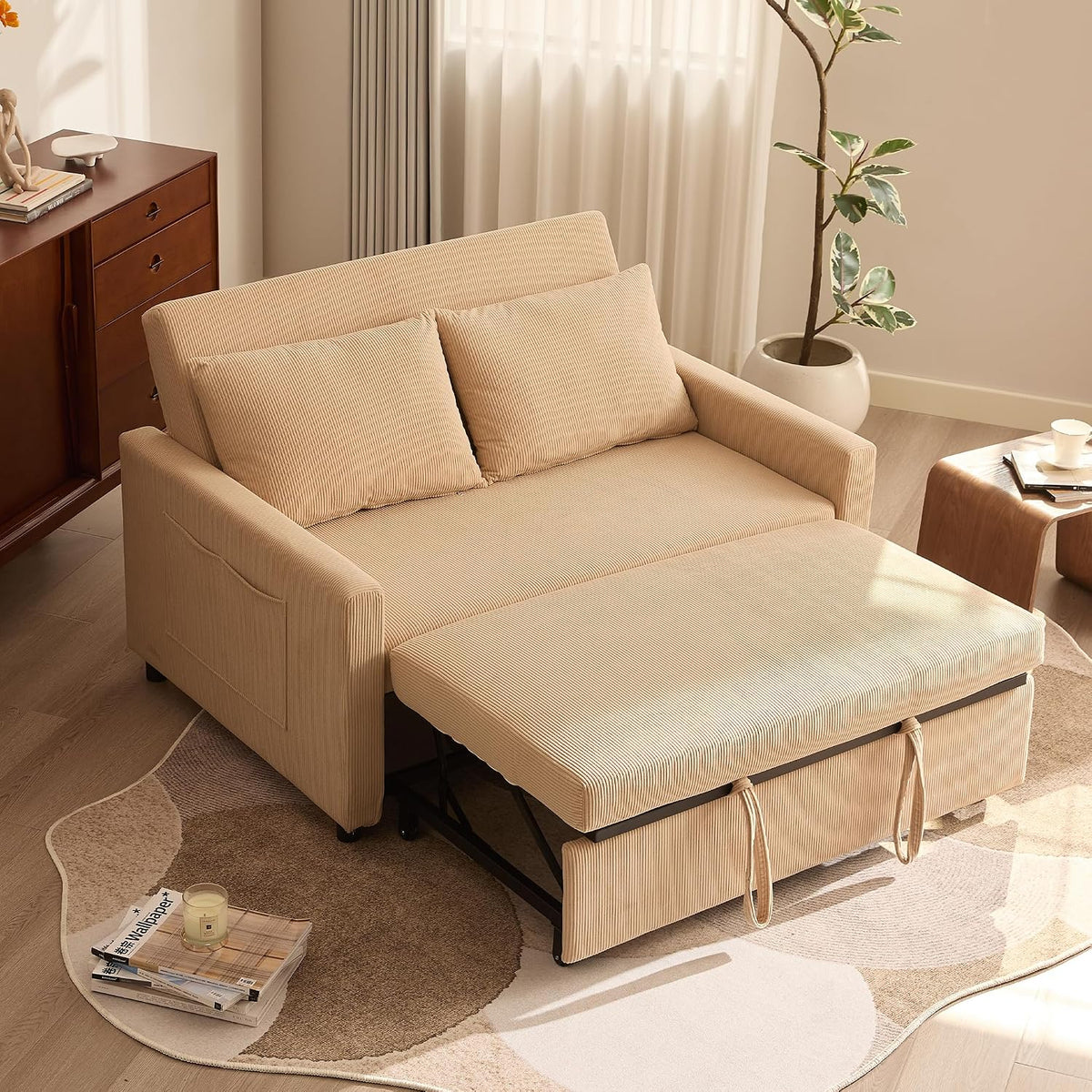 Sofa Litbird, Hellbraun, Schlaf 2-Sitzer, 3-in-1 ausziehbares Bett, Cordstoff Schlafcouch mit Verstellbarer Rückenlehne