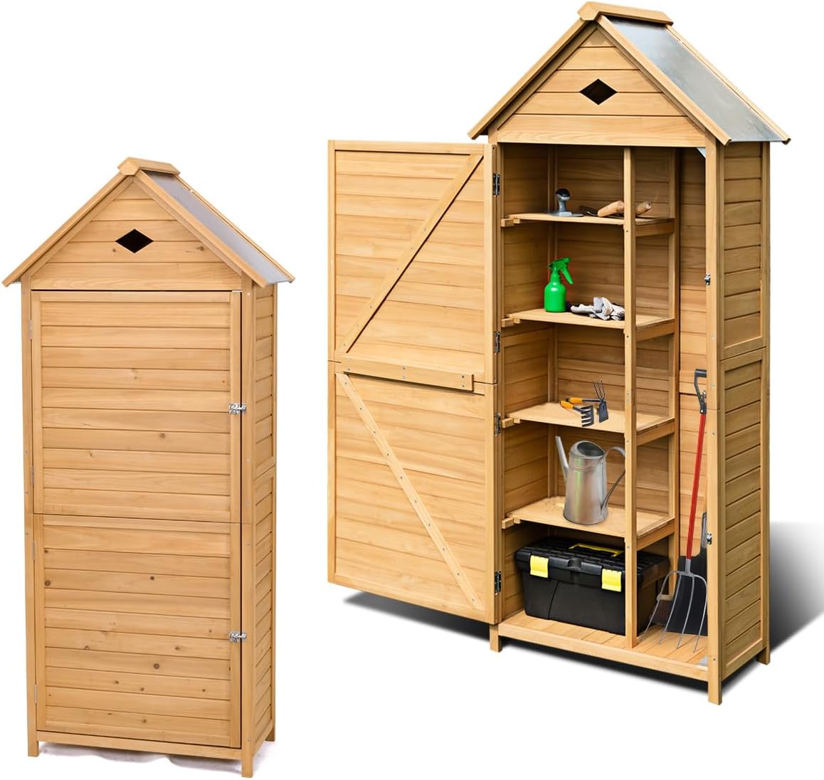 HOMASIS Gerätehaus, 80x45x177 cm, Natur, Gartenschrank Holz, Wetterfest Outdoor, Gartenhaus mit 5 Ablagen & Schrank