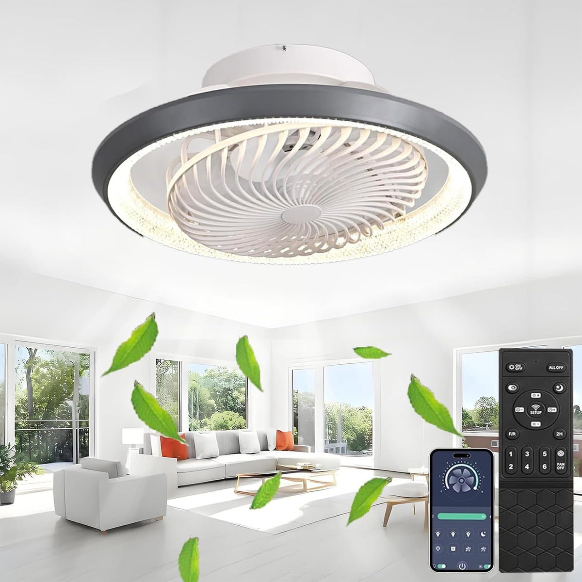 TJSC Deckenventilator, 49 cm, 72 W, Grau, LED mit Beleuchtung, Dimmbar Invisible Deckenlampe mit Ventilator, 360° Drehbar