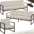 tectake Sofa, Beige/Braun, Gartenlounge Outdoor, 2X 3 Sitzer 1x Gartensessel, Relaxsessel Garten, Gartenbank