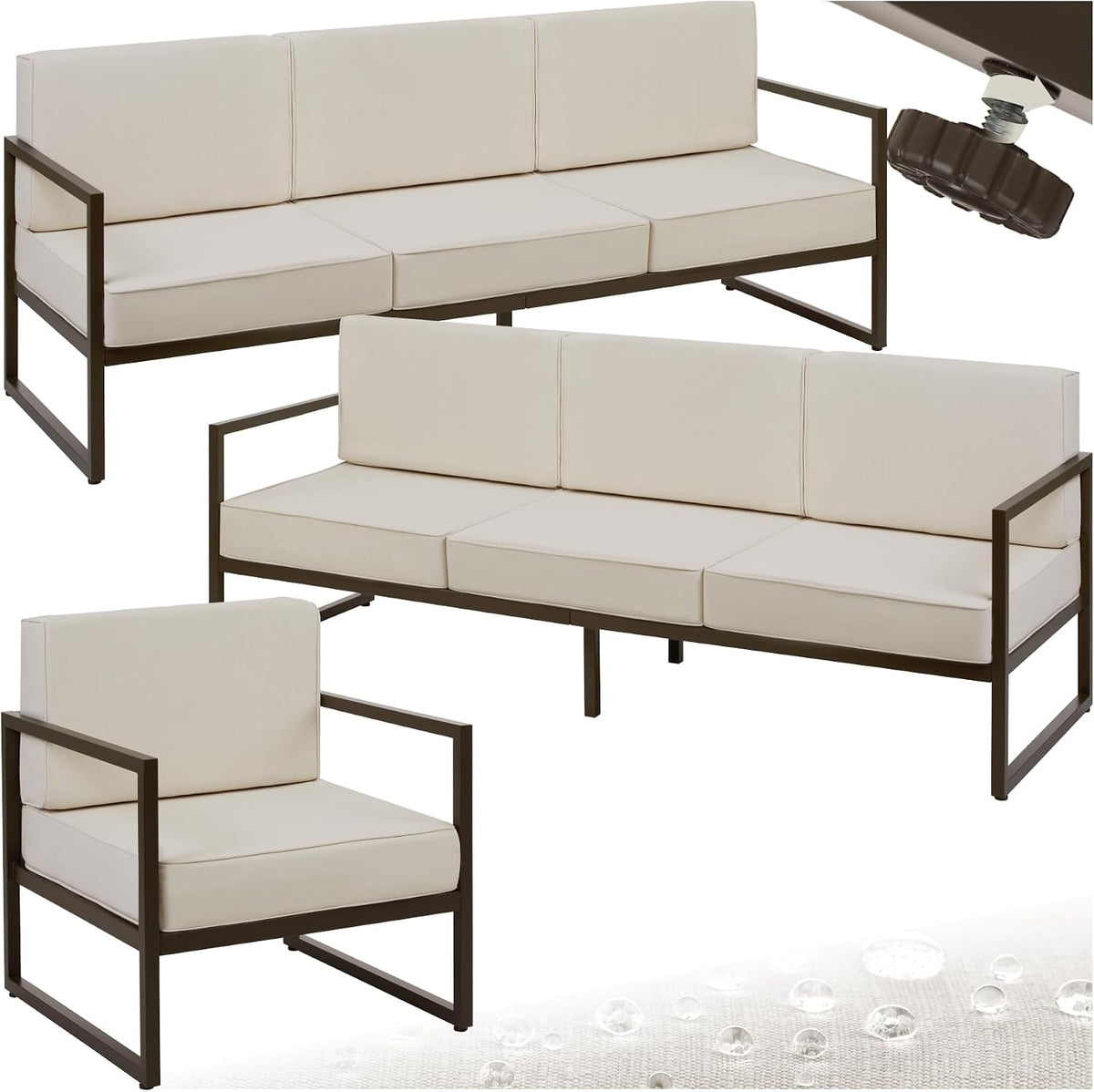 tectake Sofa, Beige/Braun, Gartenlounge Outdoor, 2X 3 Sitzer 1x Gartensessel, Relaxsessel Garten, Gartenbank