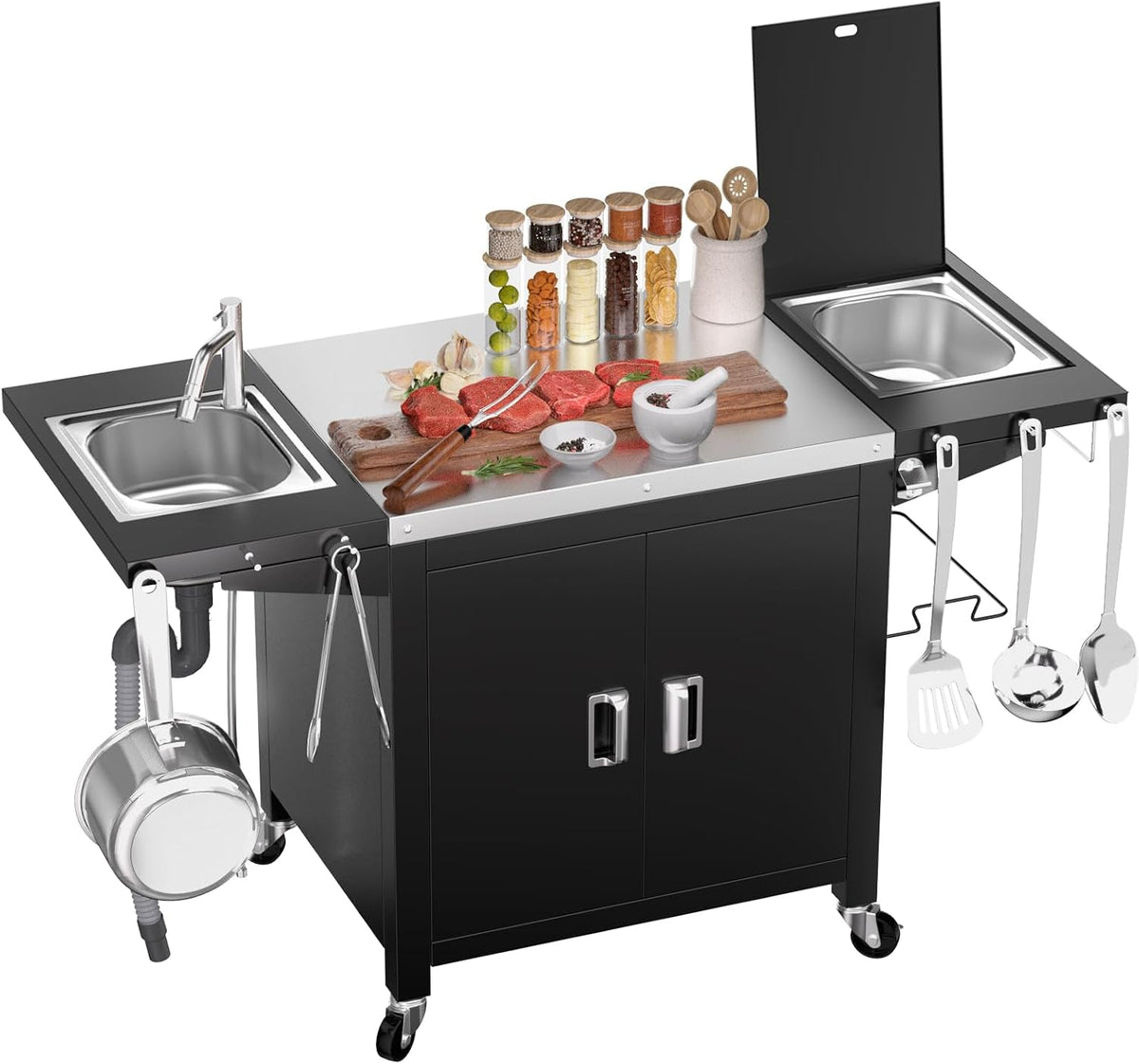 GFTIME Pizzaofen, 155x63x89 cm, Silber, Grillwagen, outdoorküche, rollbare Kücheninsel aus Edelstahl mit Aufbewahrungsschrank