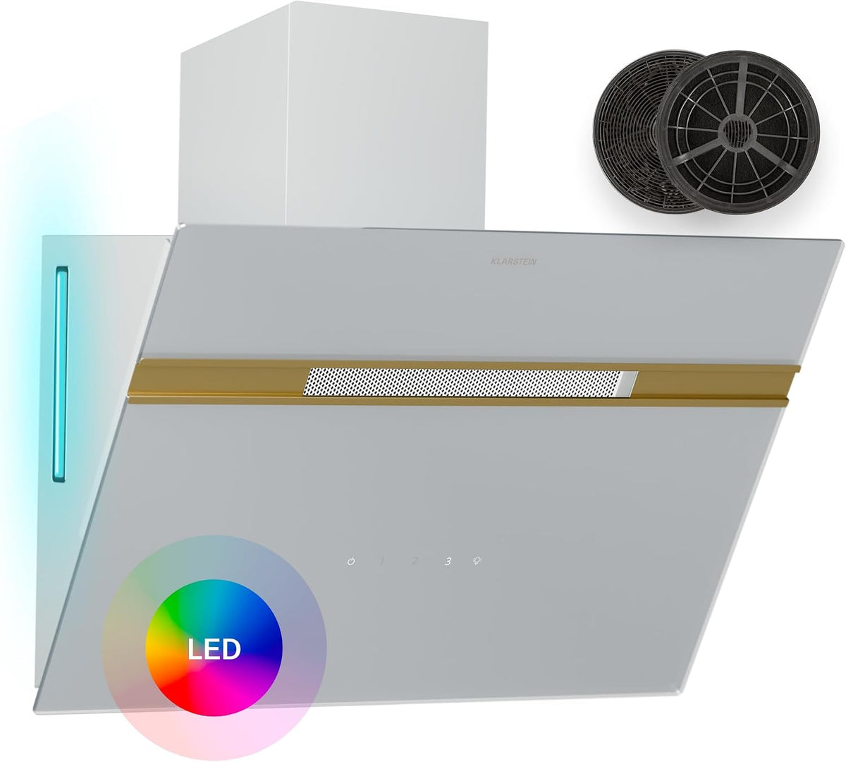 Klarstein Dunstabzugshaube, 600 m, Gold, Alina - 60-cm-Wandhaube, ³/h Luftstrom, Energieeffizienzklasse A, LED-Beleuchtung in 9 Farben