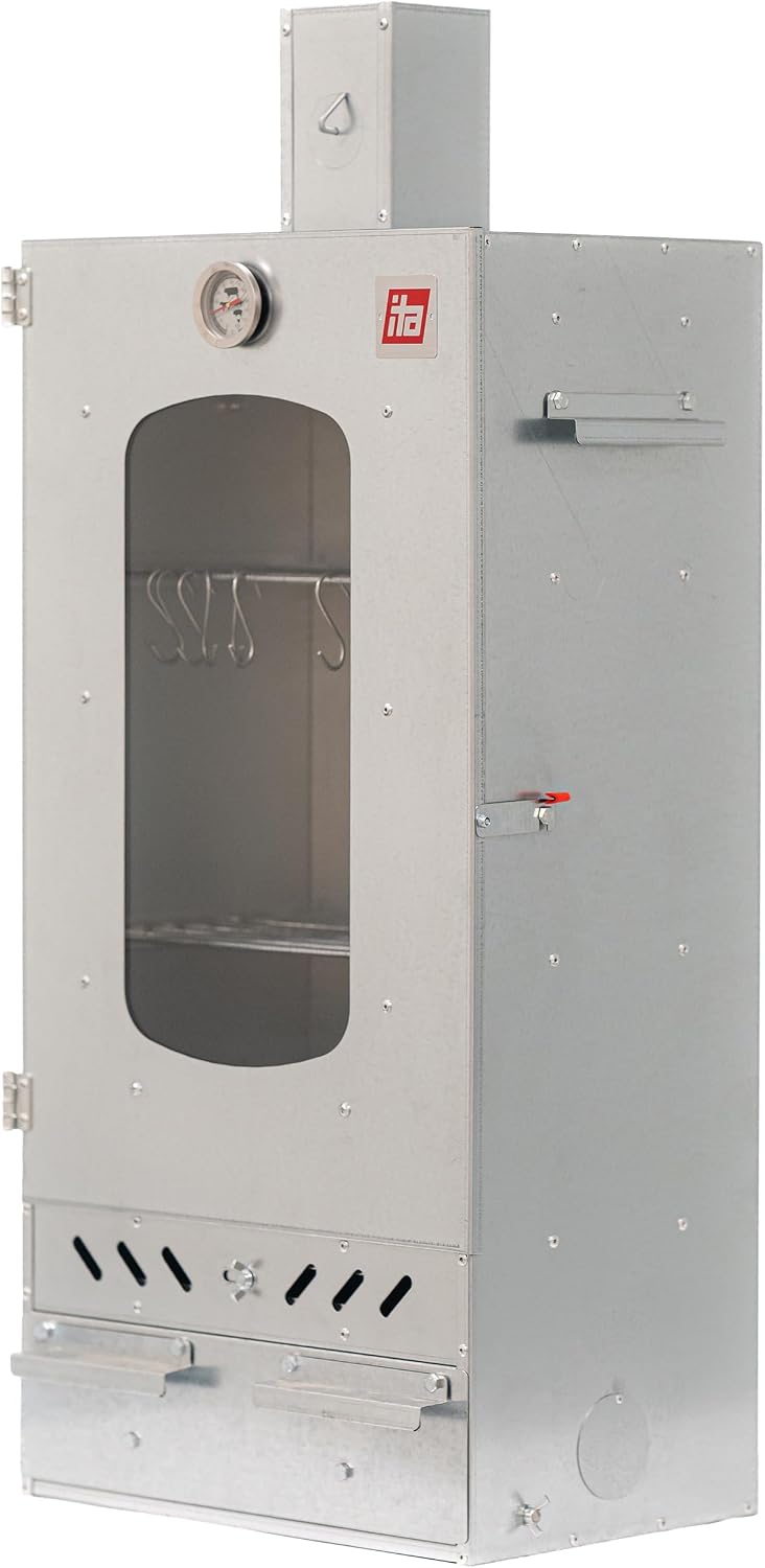 ITA Outdoor-Grill, Silber, Räucherofen 7012 - Räucherschrank mit 3 Etagen -, mit Sichtfenster & Kaminabzug - Qualität Made In EU Direkt