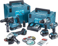 Makita Werkzeugsets, 18 V, 5 Ah, Blau/Schwarz, Set DHP489 + DTD173 + DHR243 + DGA504 + 3x BL1850 + 1x