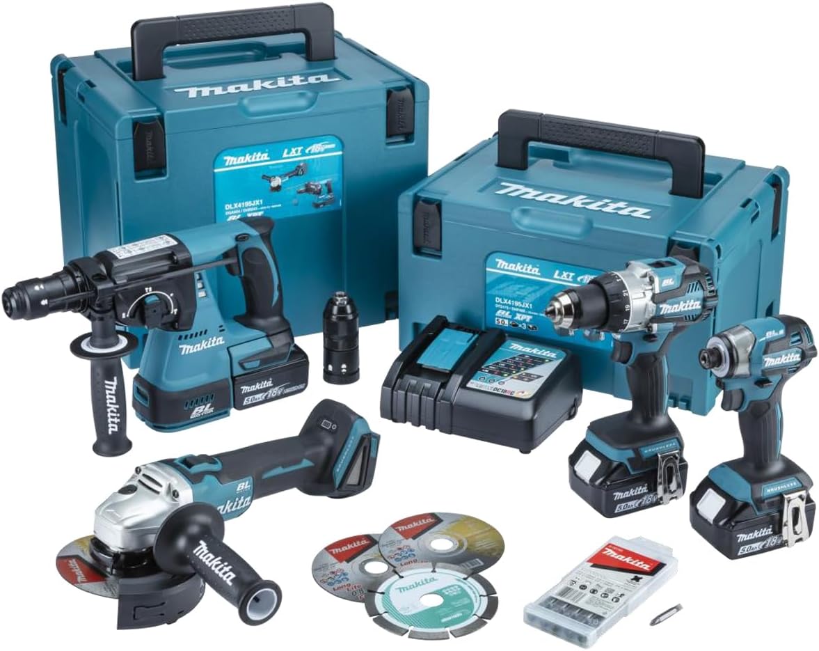 Makita Werkzeugsets, 18 V, 5 Ah, Blau/Schwarz, Set DHP489 + DTD173 + DHR243 + DGA504 + 3x BL1850 + 1x
