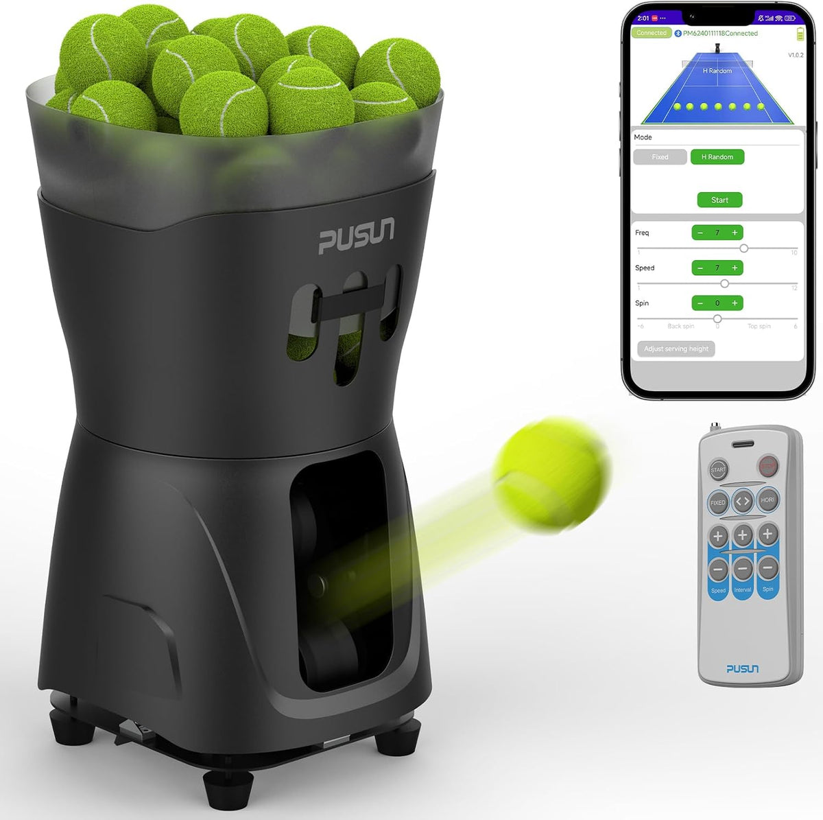 PUSUN Ballwurfmaschinen, Grau, PT-MINIPro Tragbare Tennisballmaschine - Leichte, 65-Ball-Kapazität, Tennistrainer für Schulen (3-5h Akku)