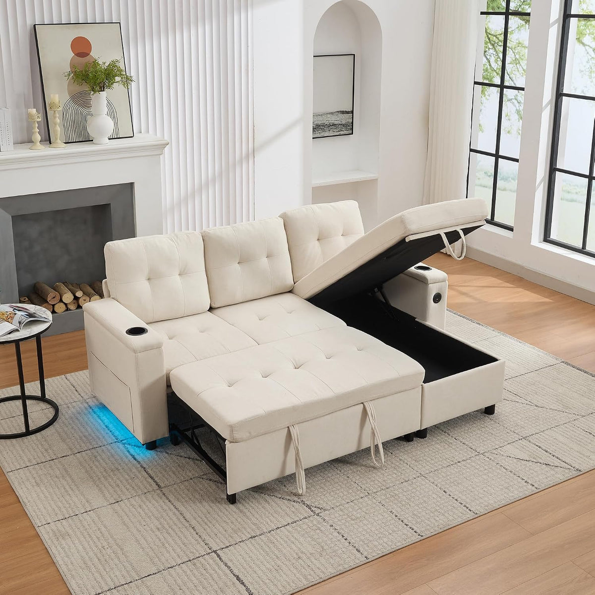 Arhatreya Sofa, Beige, 3 Sitzer L-förmiges Klapp Eck Modern Couch, 3er Sitz mit LED-Lichtleiste und Stauraum, Schlaf für Wohnzimmer