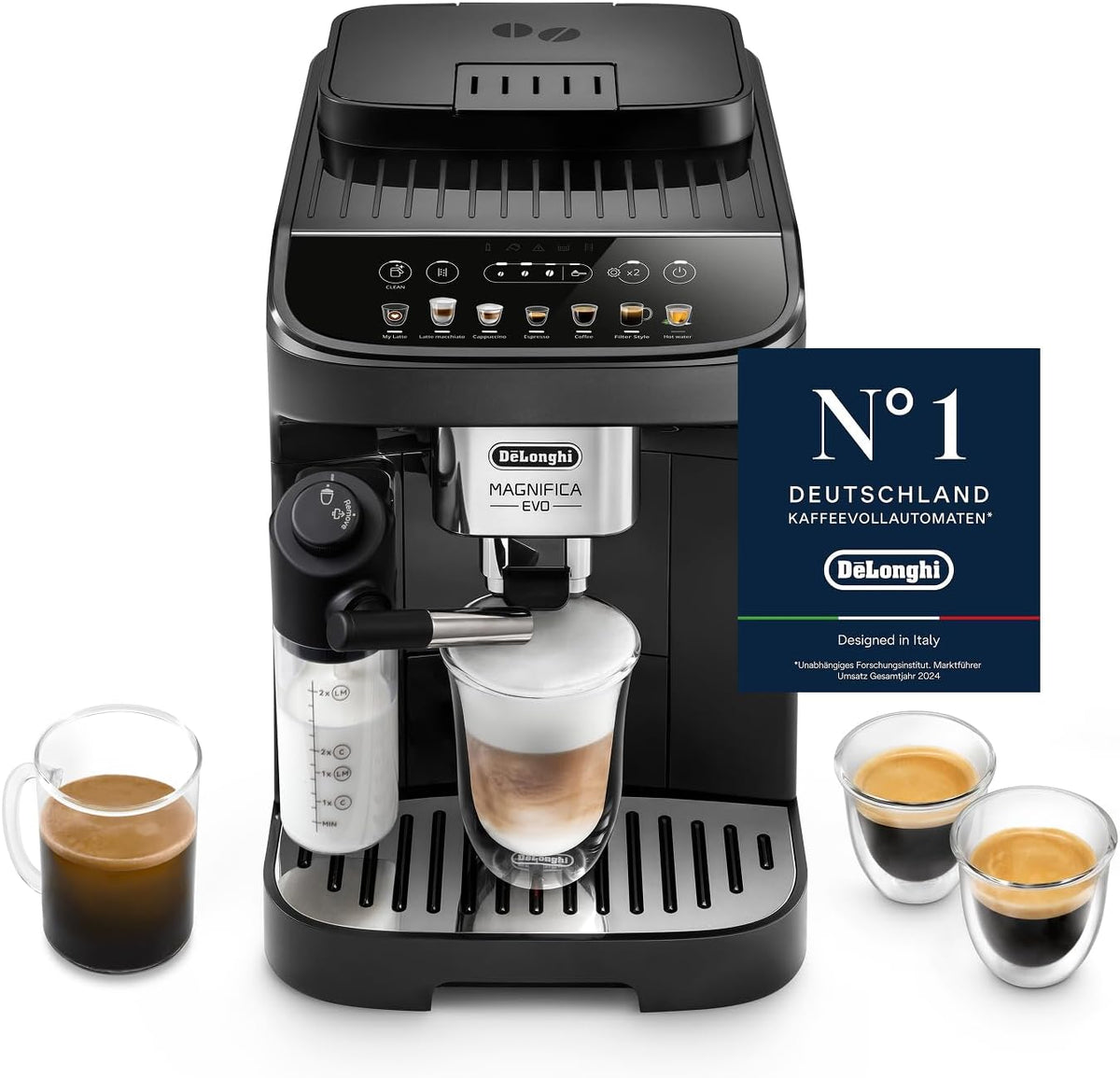 De'Longhi Kaffeevollautomat, Schwarz, Magnifica Evo - Perfetto mit LatteCrema-Milchaufschäumer, 7 One-Touch-Getränke