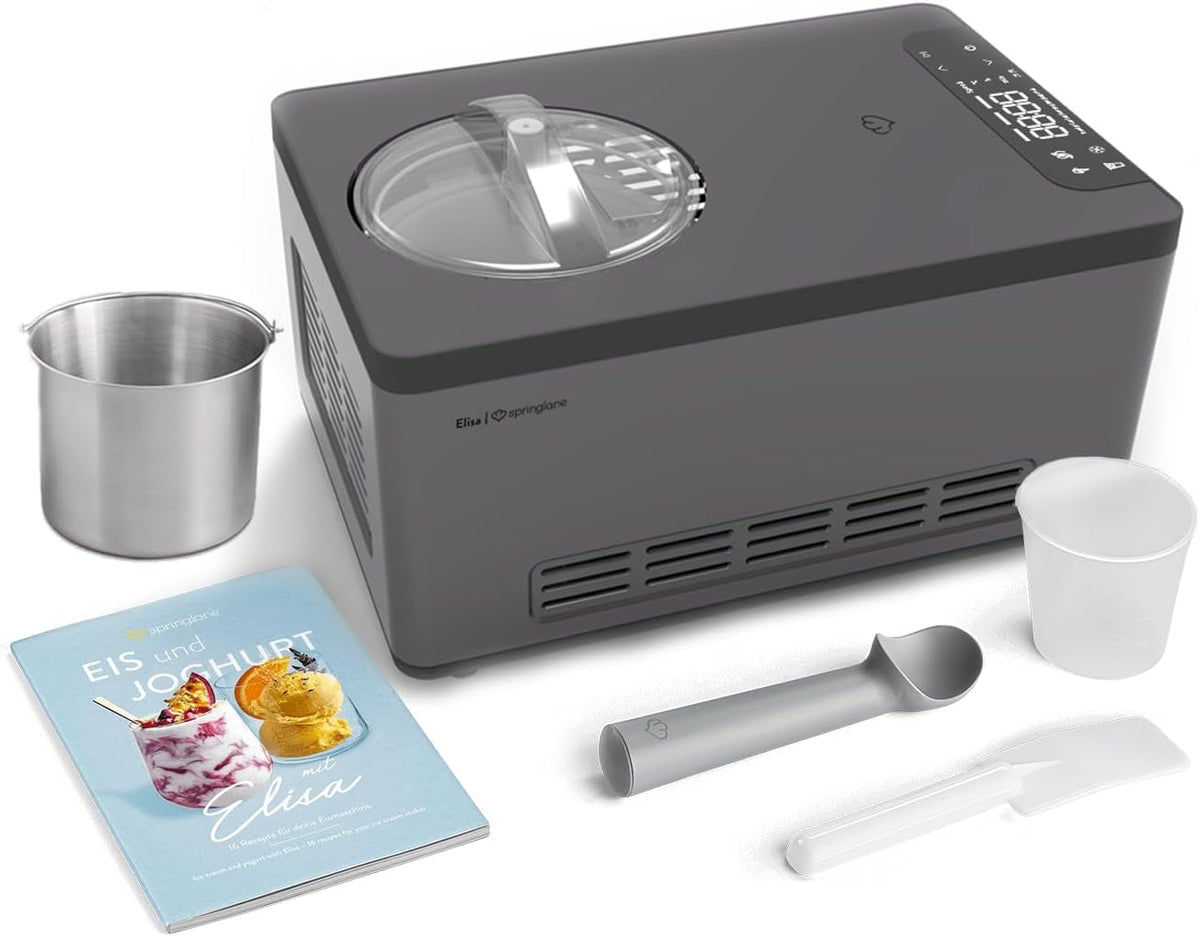 Springlane Kitchen Eismaschine, 2,0 L, 220 W, Anthrazit, & Joghurtbereiter Elisa mit selbstkühlendem Kompressor