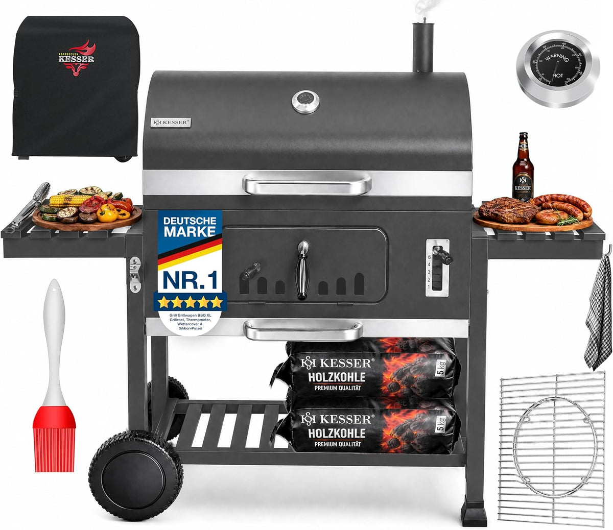KESSER Holzkohlegrill, Schwarz, XXL Grillwagen Set mit Deckel & Thermometer, großer BBQ Kohlegrill Wagen, Smoker Grill mit Kamin & Lüftung